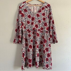 🦋 Old Navy Cream Red Blue Floral Mid Sleeve Mini Dress Drawstring Waist Large